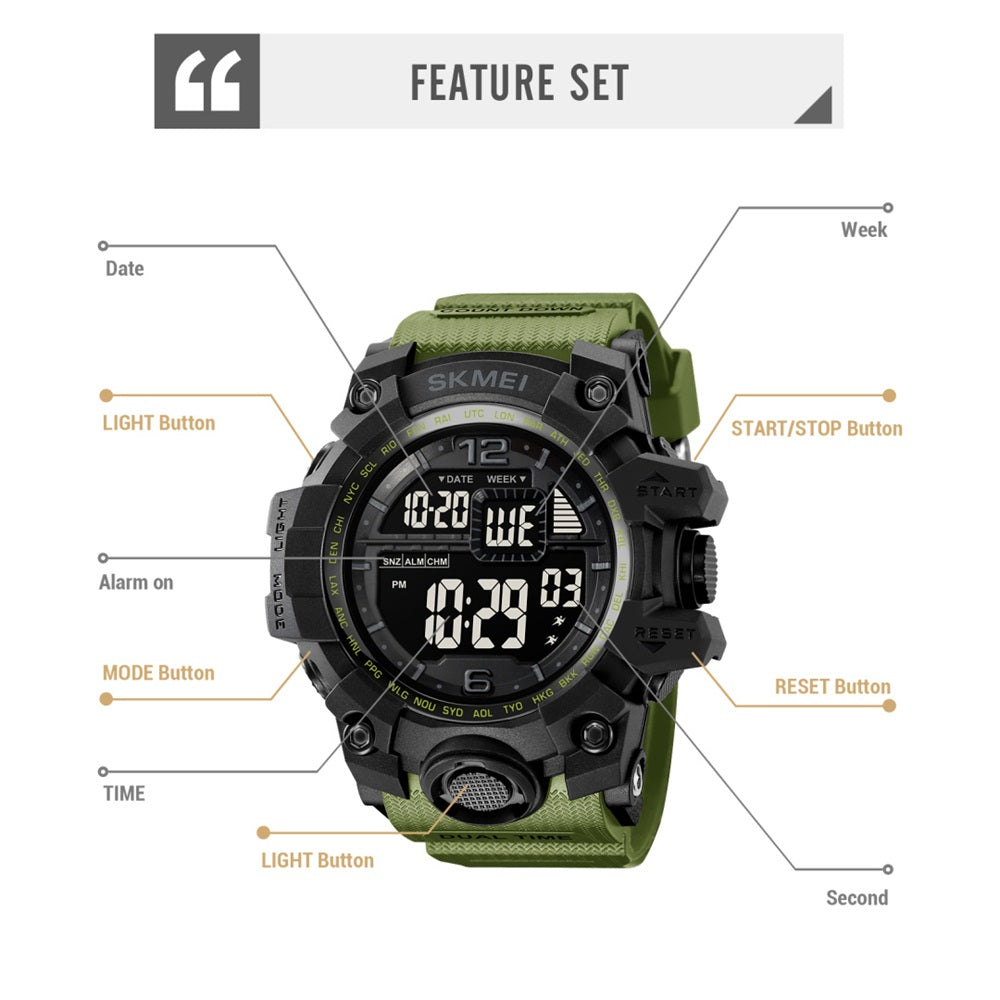 It features a bold, sporty design with a clear digital display for easy time reading.