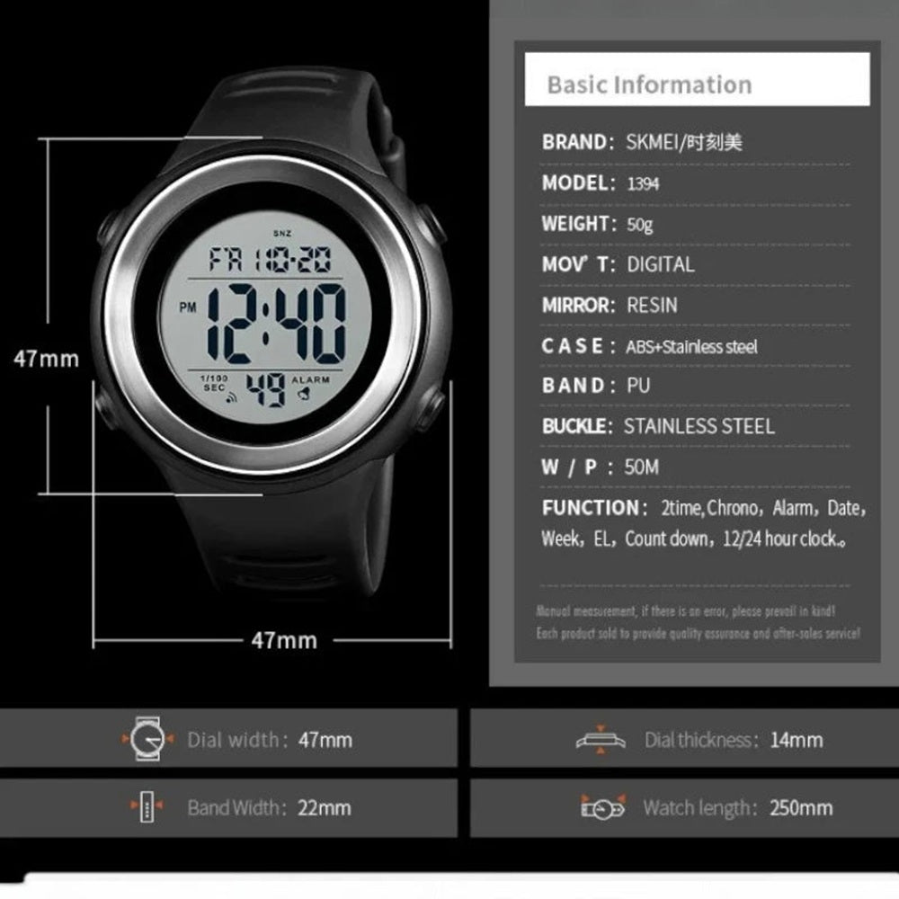 The Skmei 1394 is a durable digital sports watch designed for men who lead an active lifestyle