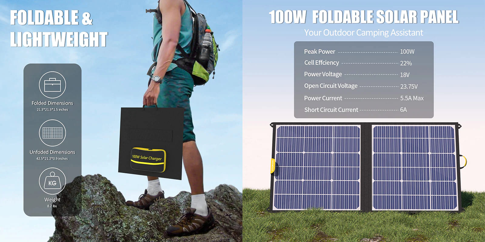  VTOMAN Portable Solar Panel 100W, 18V Foldable Solar Charger  with DC5521 & USB-A & Type-C Connectors for Camping RV/Van, IPX4  Waterproof, Compatible with Power Stations, Power Banks, Cellphones, etc 