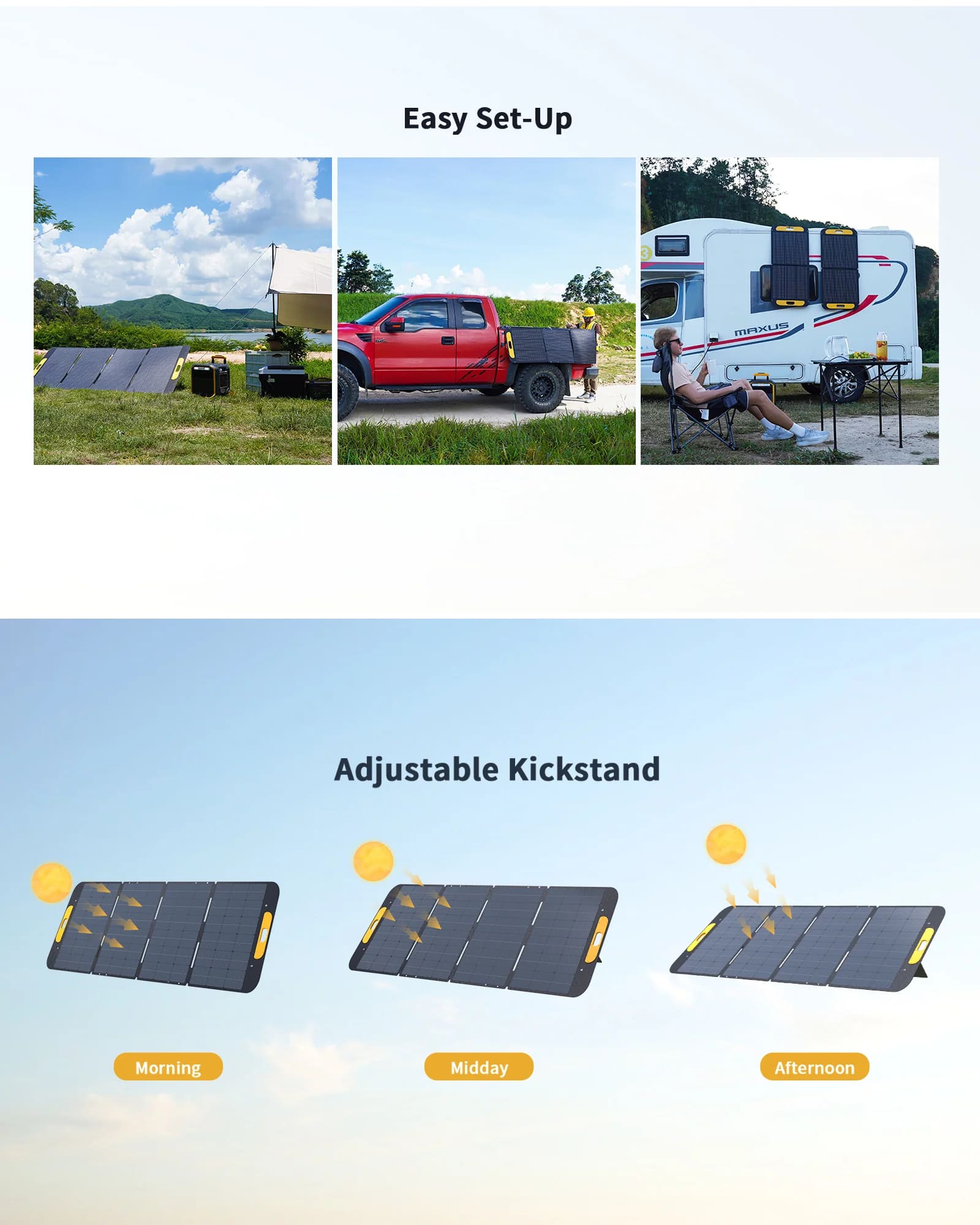 Vtoman VS400 Pro solar panel comes with 3 adjustable kickstands for quick set up on the ground