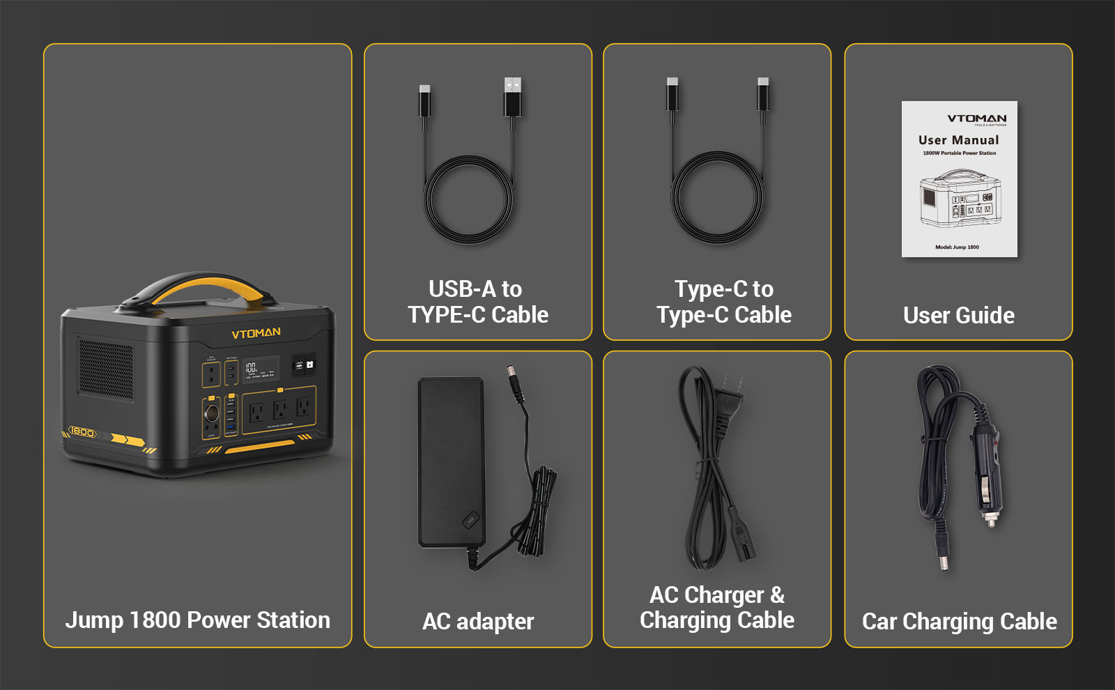 1x VTOMAN Jump 1800 Power station, 1x AC adapter & charging cable, 1x Car charging cable, 1x Type-C to Type-C cable, 1x USB-A to Type-C cable, 1x User manual