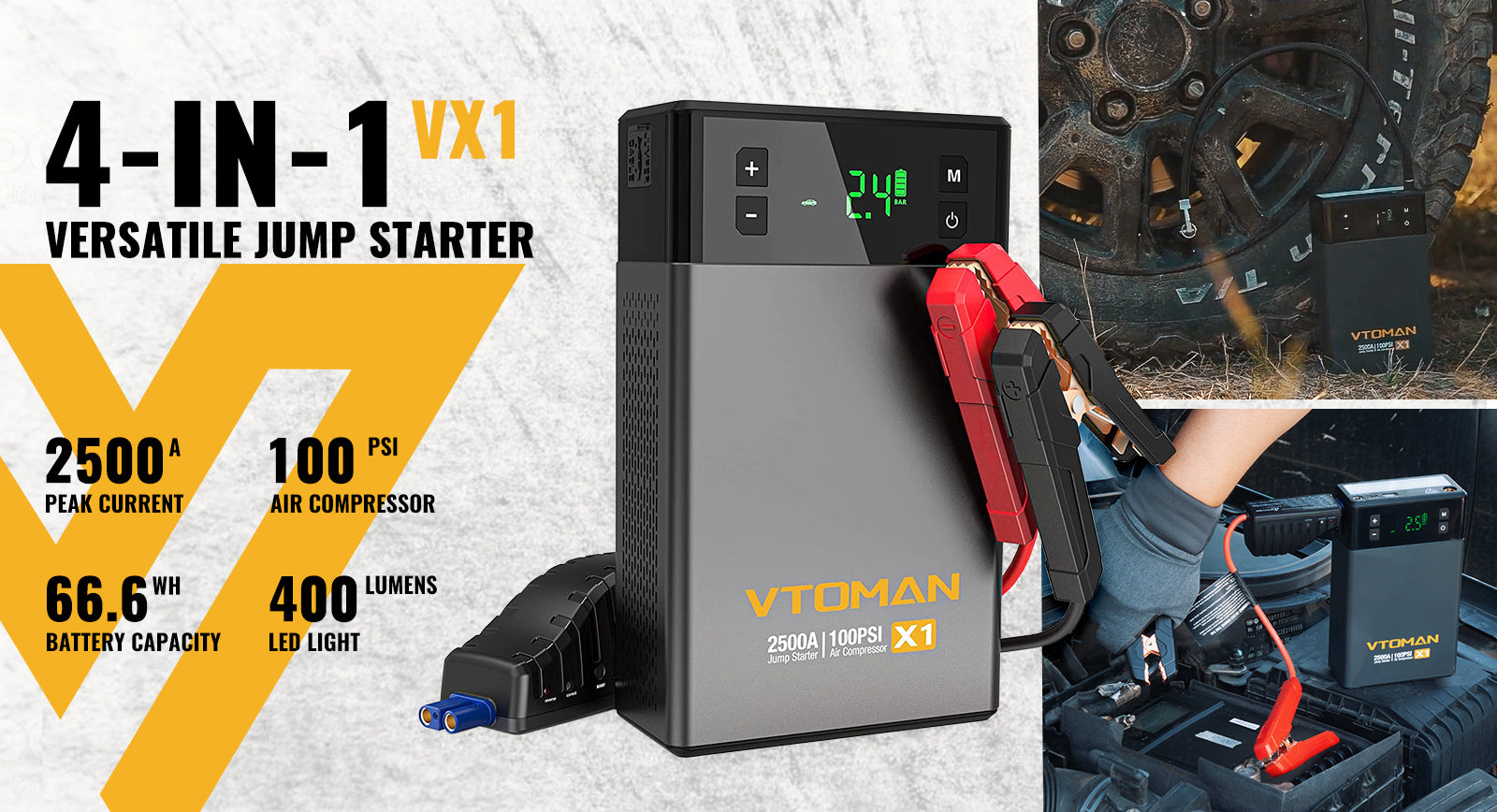 vx1 jump starter power bank with air compressor 100psi 2500a