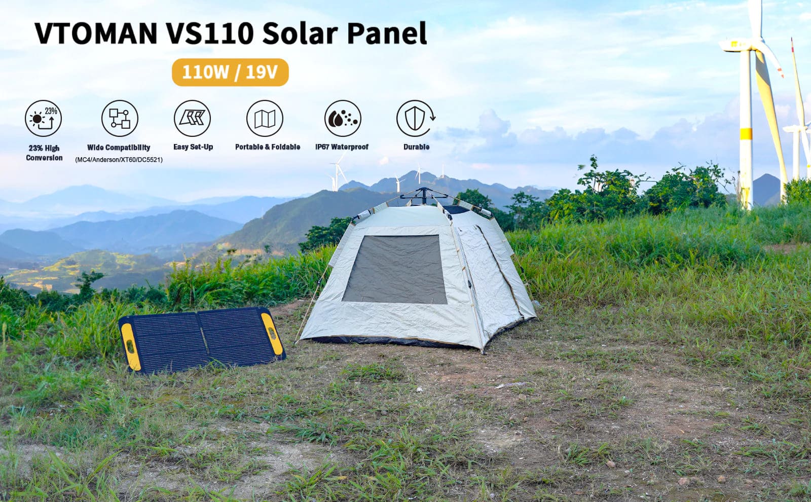  VTOMAN Portable Solar Panel for Solar Generator, 110W 19V  Folding Solar Charger with 23% Efficiency, IP67 Waterproof and Adjustable  Kickstands Design for Camping, RV, Outdoor Adventures (VS110) : Patio, Lawn