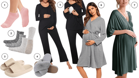 POSTPARTUM ESSENTIALS - Comfy pajamas, non slip socks, non slip slippers, hospital robe, hospital postpartum gown