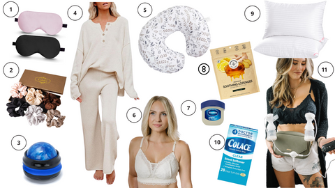 POSTPARTUM ESSENTIALS FOR THE HOSPITAL - Eye mask, hair scrunchies, massager, going home outfit, nursing pillow, pumping bra, nursing bra, hospital bra, breastfeeding bra, ginger candy for postpartum sickness, chapstick, solace, and another pumping and nursing bralette.