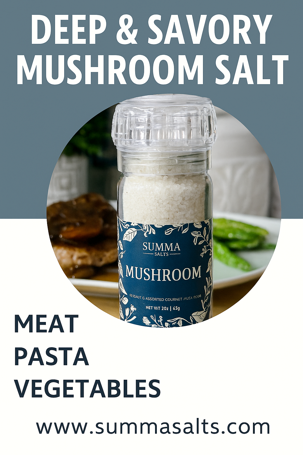 Summa Salts Mushroom Salt in front of a mushroom-covered pork chop and green beans