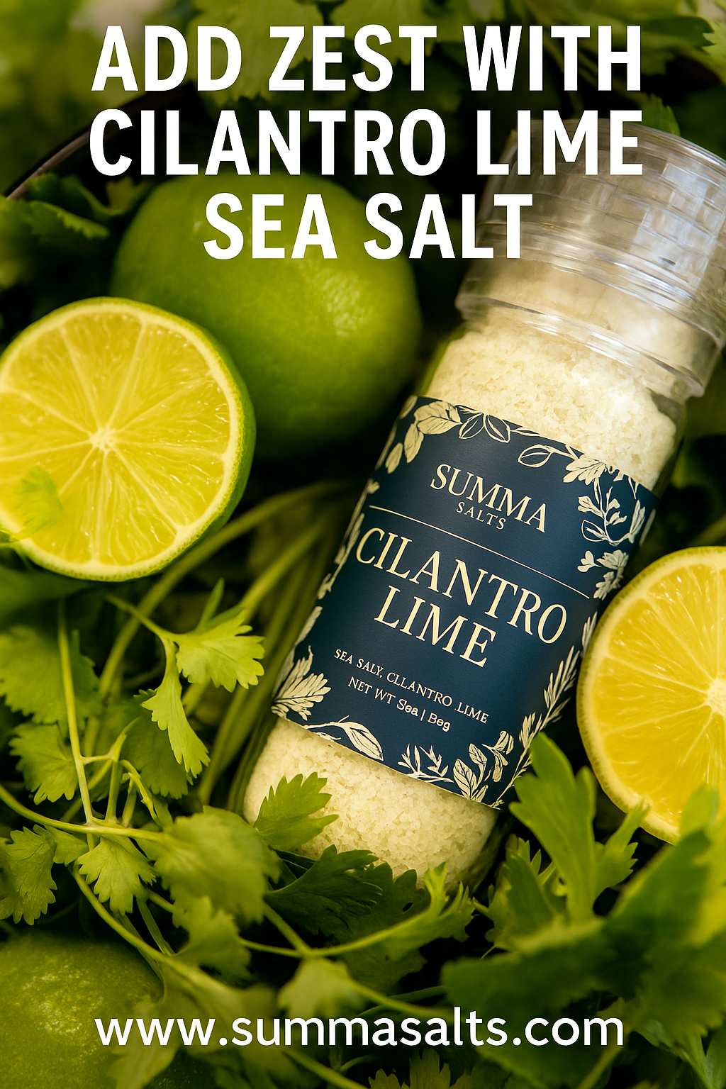 Summa Salts Cilantro Lime Salt surrounded by fresh cilantro and halved limes