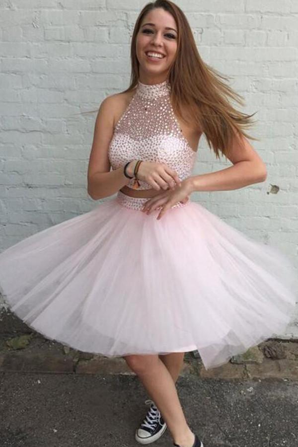 Two Pieces Pink Tulle Short Prom Gowns Homecoming Dresses ED12