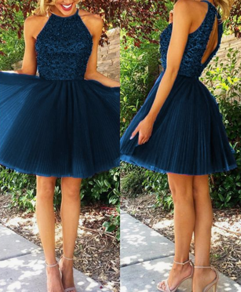 navy blue homecoming dresses short tulle backless dress CD4684