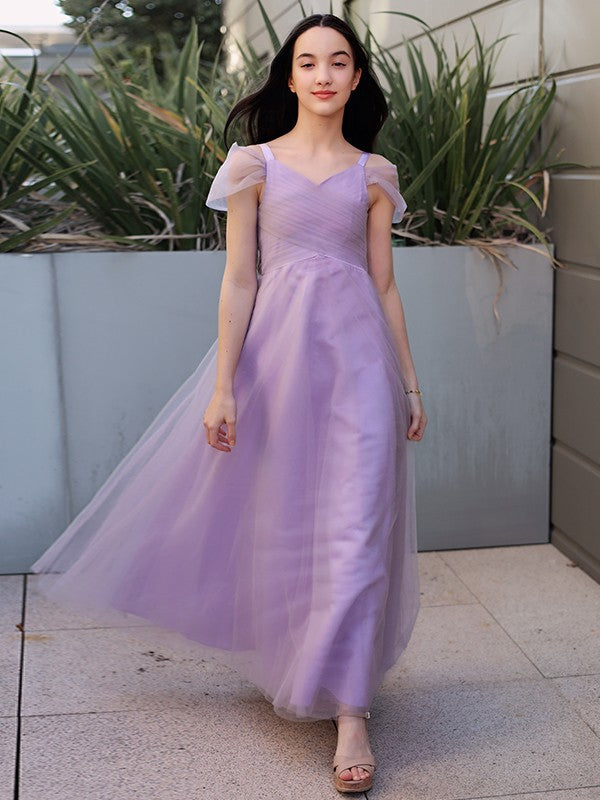 A-Line/Princess Tulle Ruched V-neck Short Sleeves Floor-Length Junior/Girls Bridesmaid Dresses CICIP0005881