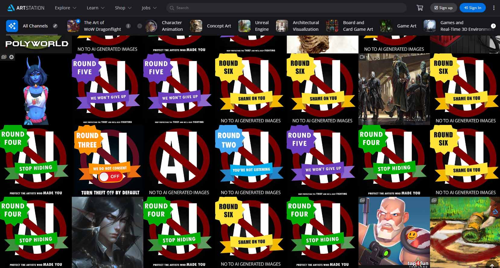 Art Station Feed showing users protesting against AI Generated Art. Source: Artstation.com