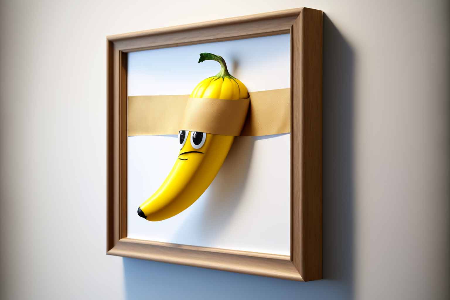 Image created using Midjourney AI. Prompt: a living banana with a face, taped to a white wall with ductape, framed with a wooden frame