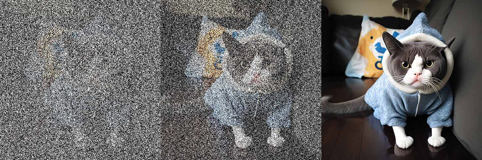 An example of image noise in the diffusion model of AI, cat with a shark onsie