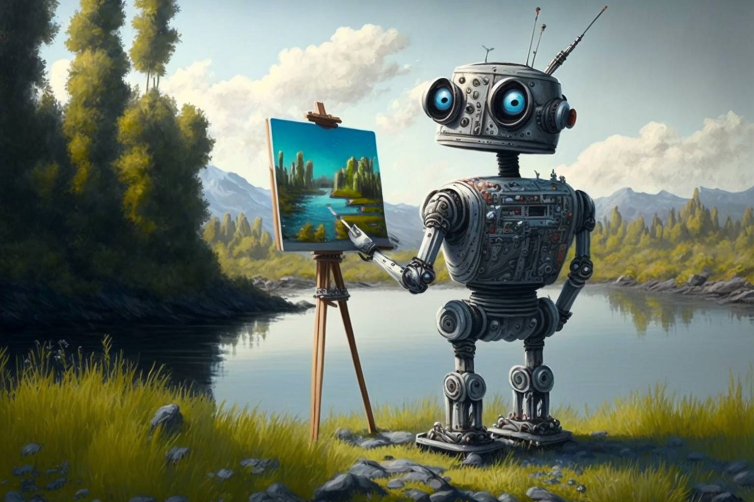 Robot painting a landscape (made with Midjourney AI)