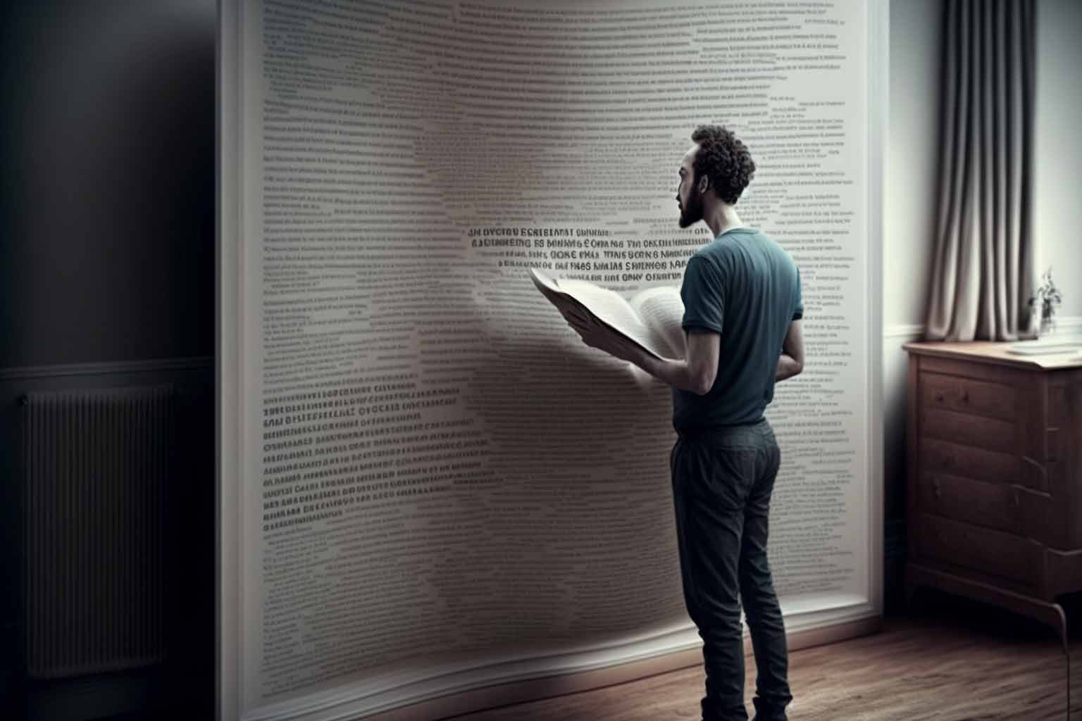 Image created using Midjourney AI. Prompt: someone reading a huge page of terms and services