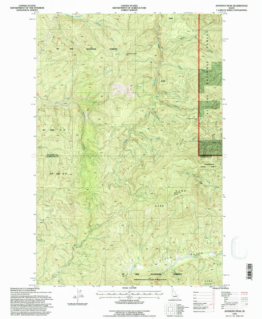 Classic USGS Anthony Peak Idaho 7.5'x7.5' Topo Map Image
