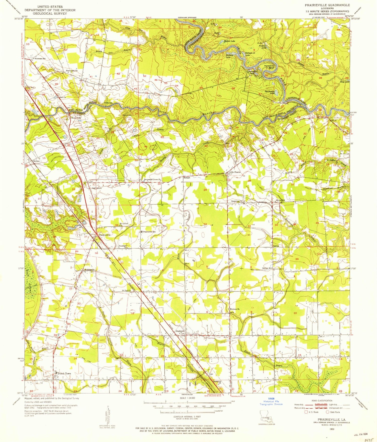 Classic USGS Prairieville Louisiana 7.5'x7.5' Topo Map Image