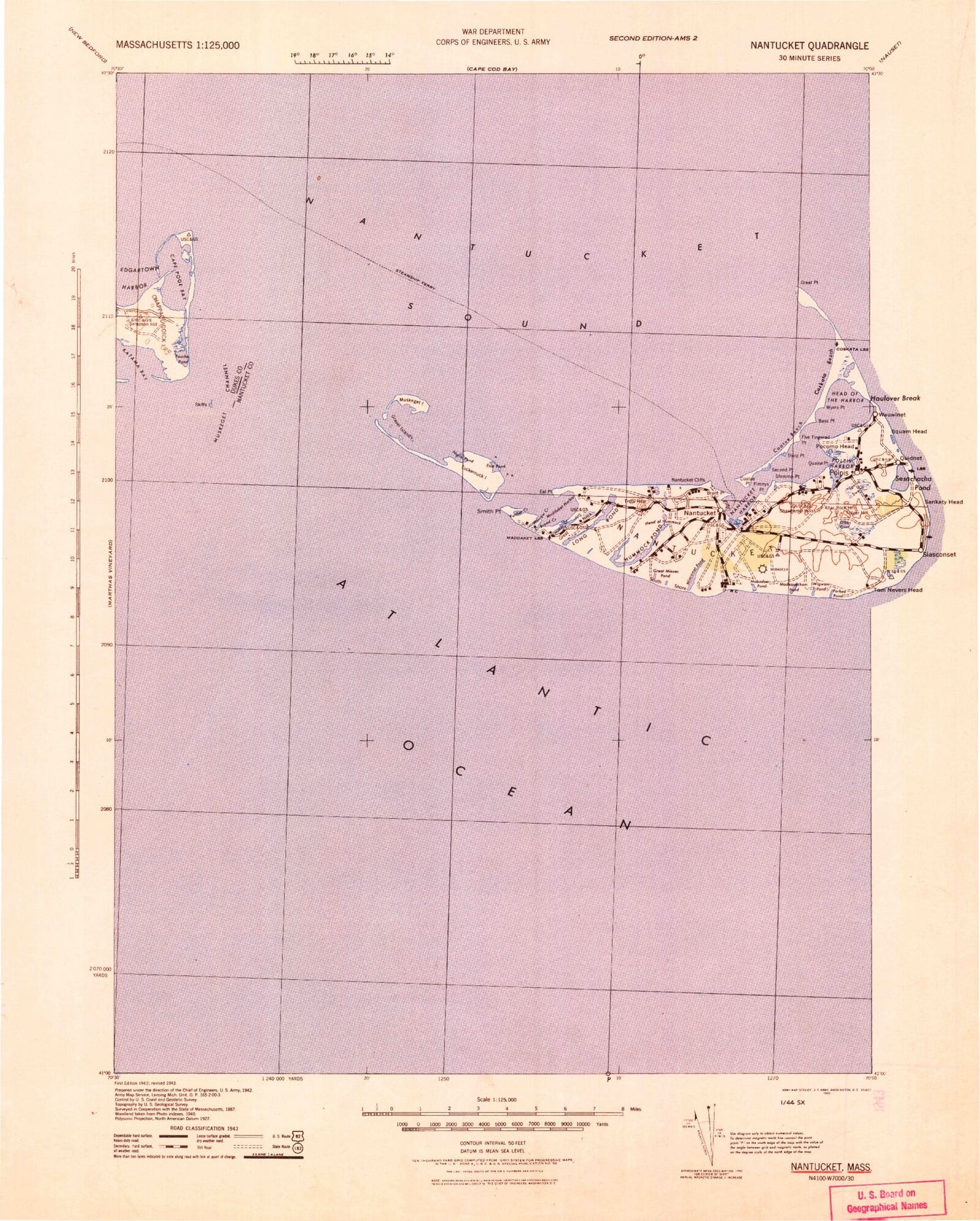 Historic 1942 Nantucket Massachusetts 30'x30' Topo Map Image