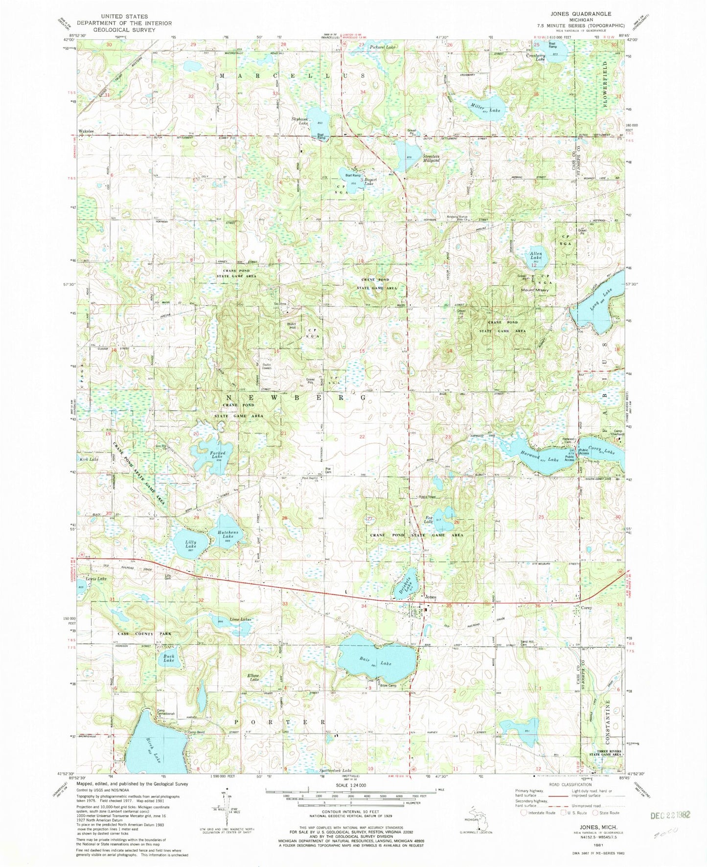 Classic USGS Jones Michigan 7.5'x7.5' Topo Map Image