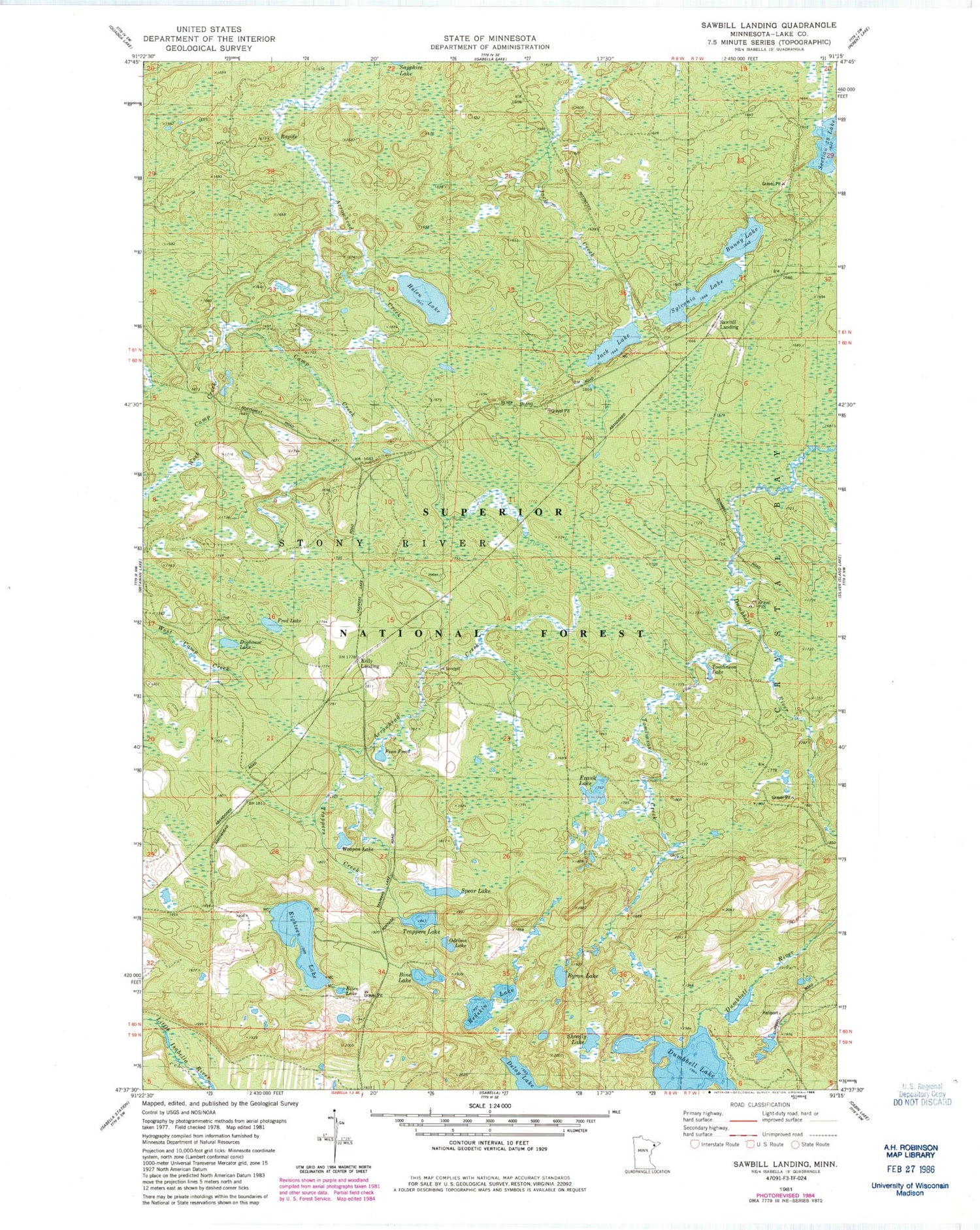 Classic USGS Sawbill Landing Minnesota 7.5'x7.5' Topo Map Image