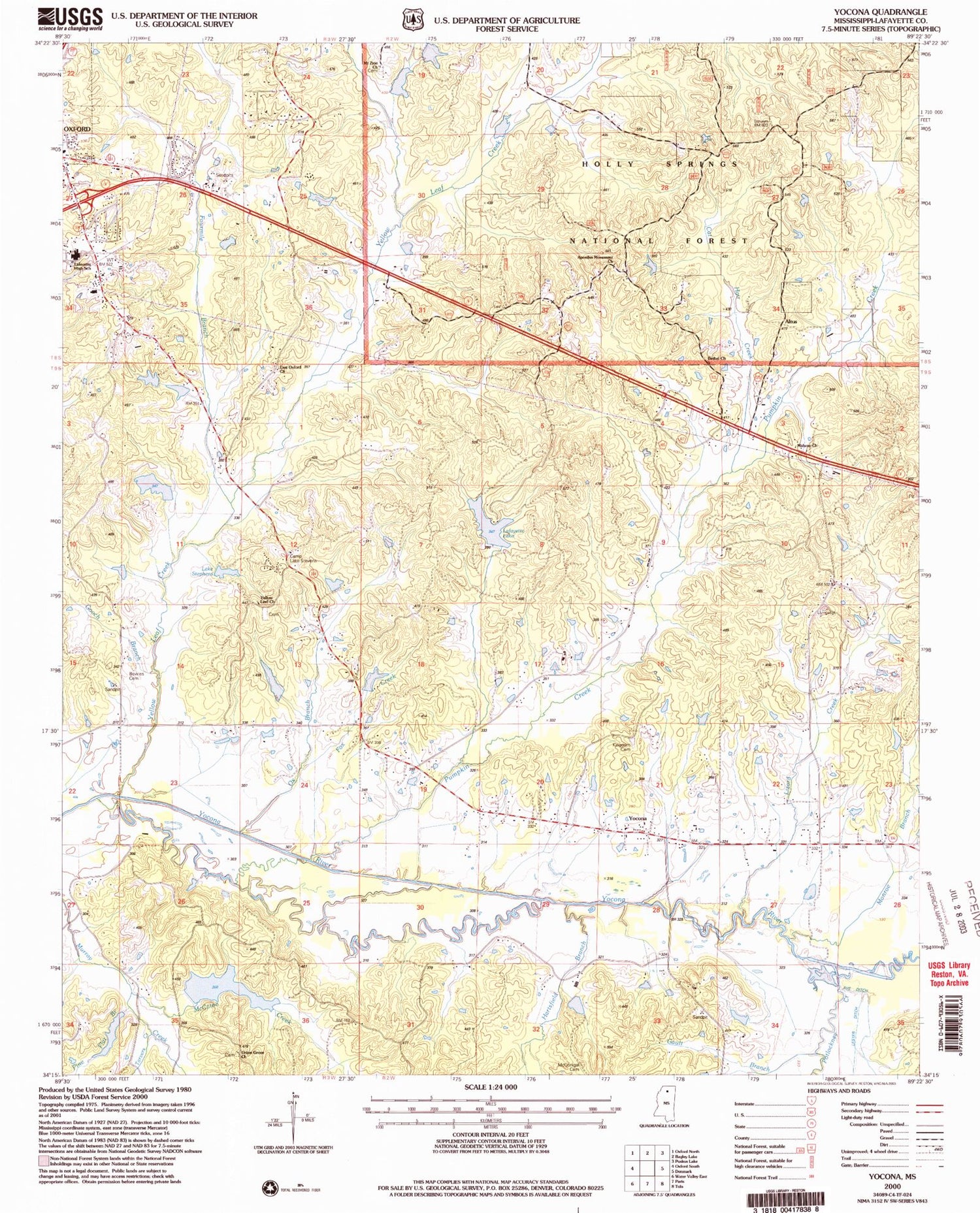 Classic USGS Yocona Mississippi 7.5'x7.5' Topo Map Image