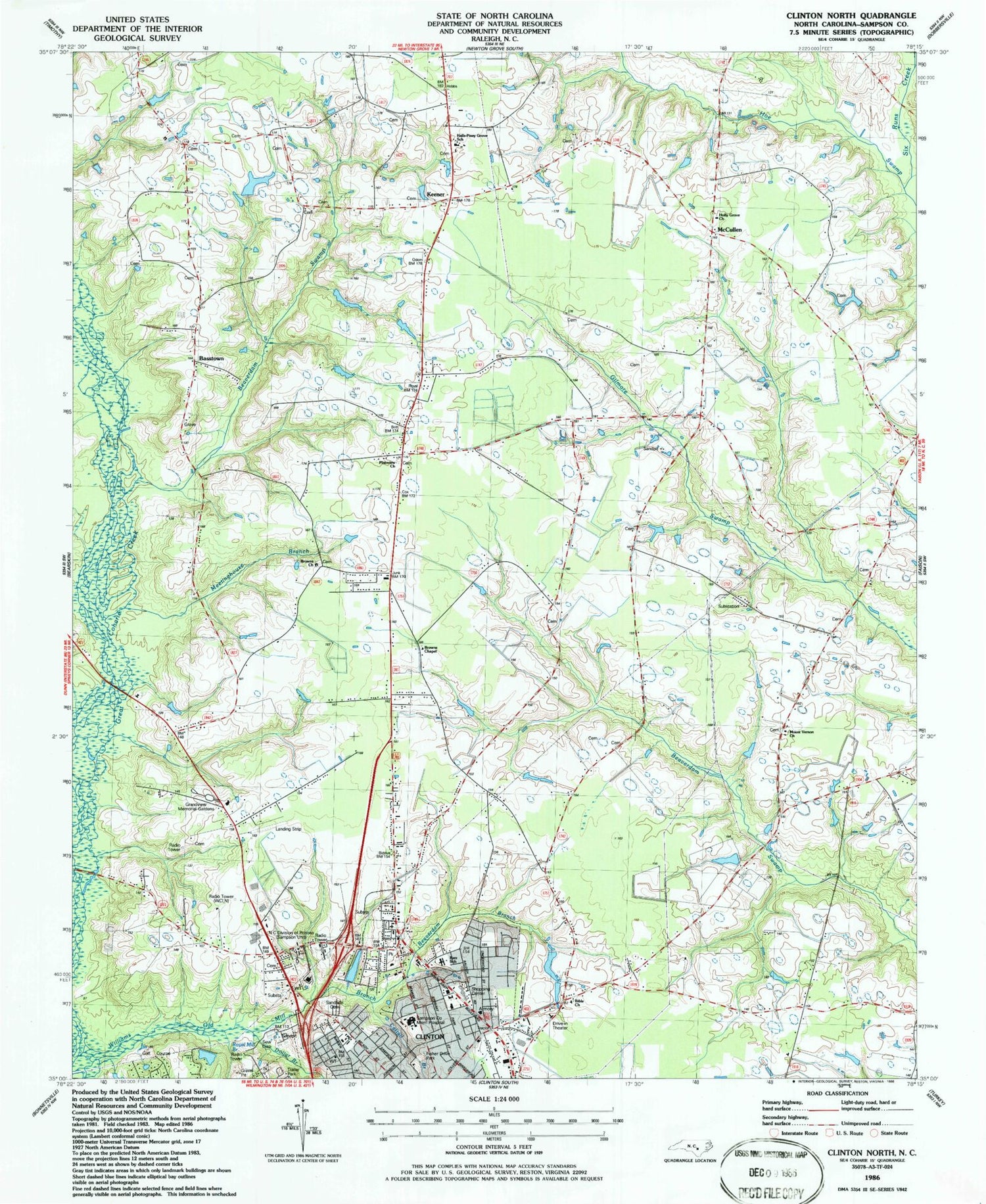 Classic USGS Clinton North North Carolina 7.5'x7.5' Topo Map Image