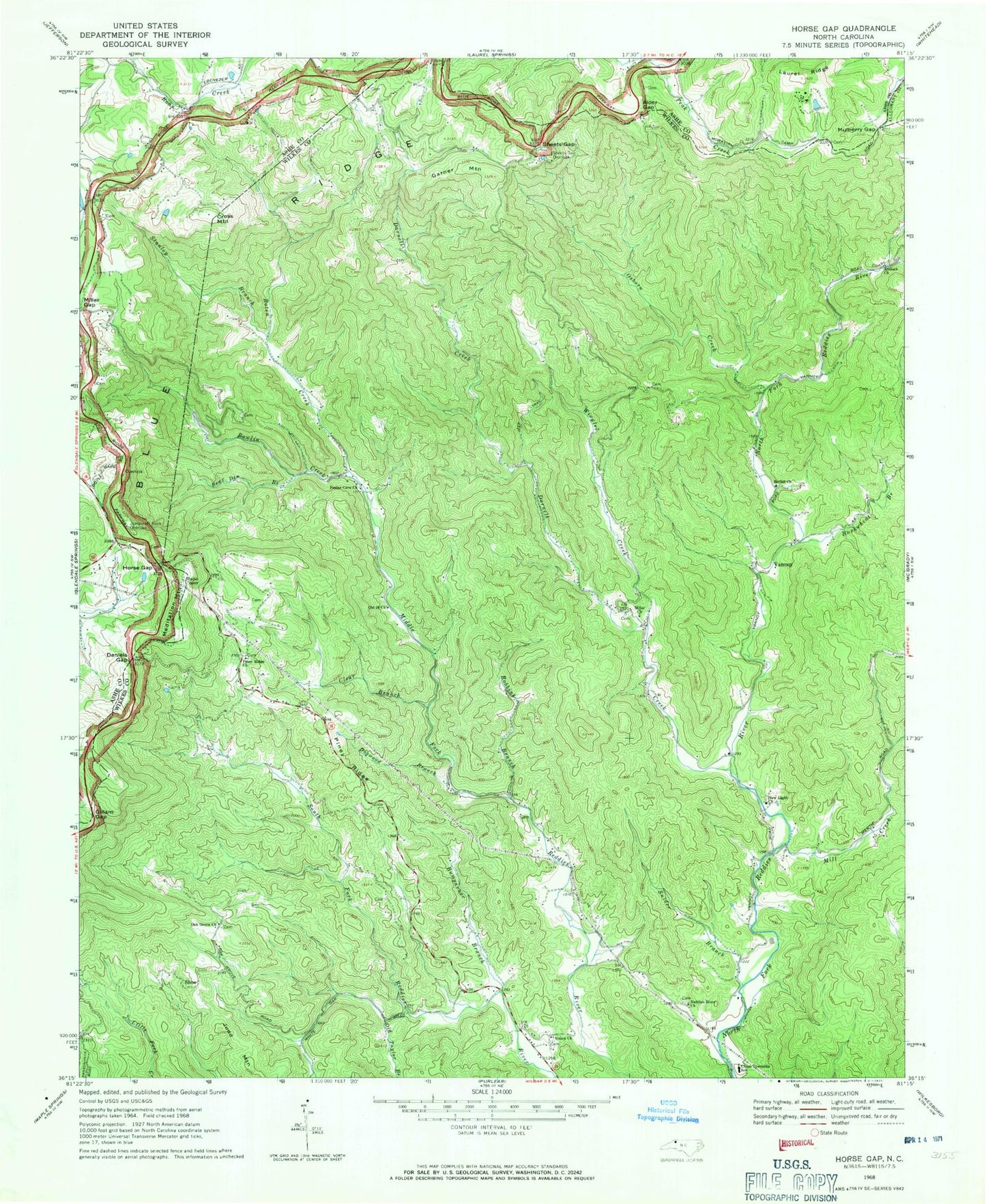 Classic USGS Horse Gap North Carolina 7.5'x7.5' Topo Map Image