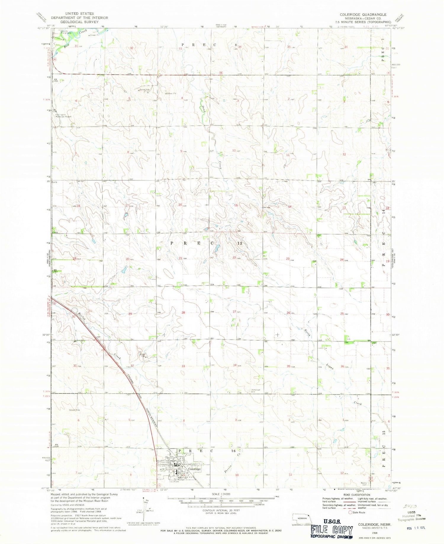 Classic USGS Coleridge Nebraska 7.5'x7.5' Topo Map Image
