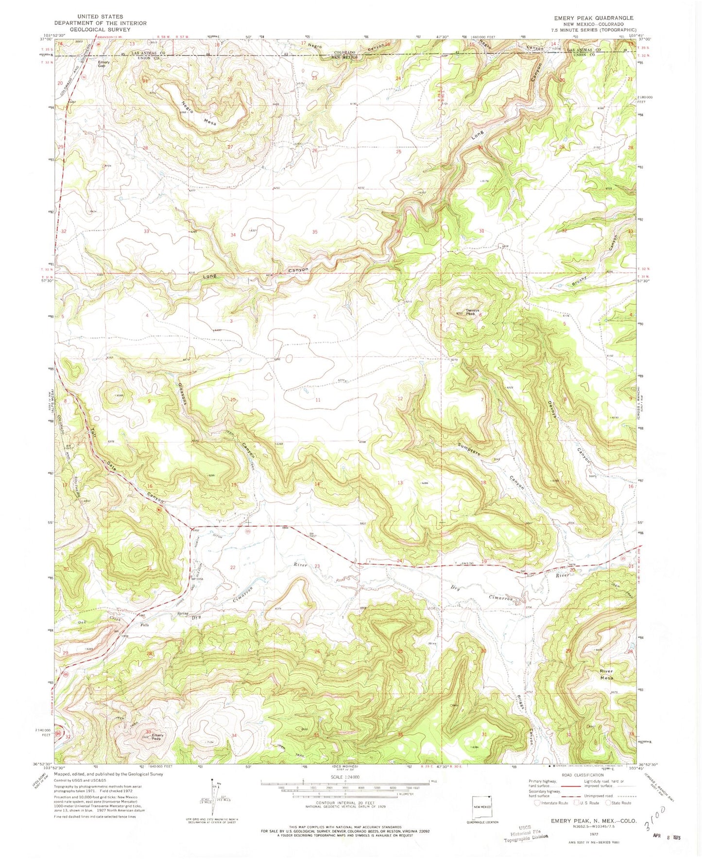 Classic USGS Emery Peak New Mexico 7.5'x7.5' Topo Map Image