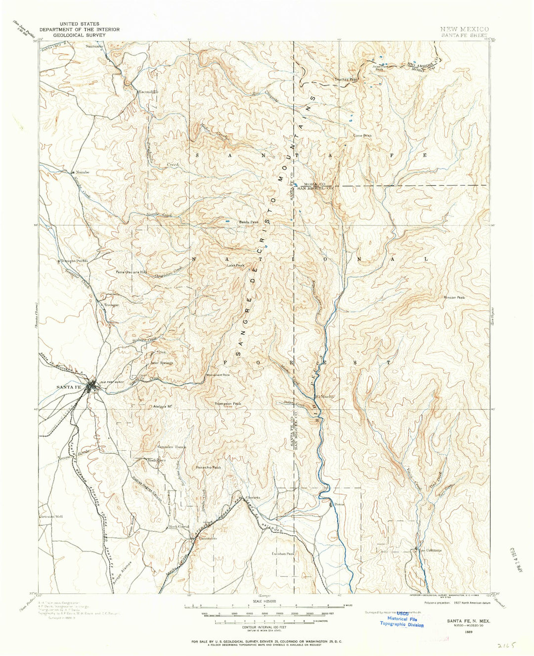 Historic 1889 Santa Fe New Mexico 30'x30' Topo Map – MyTopo Map Store
