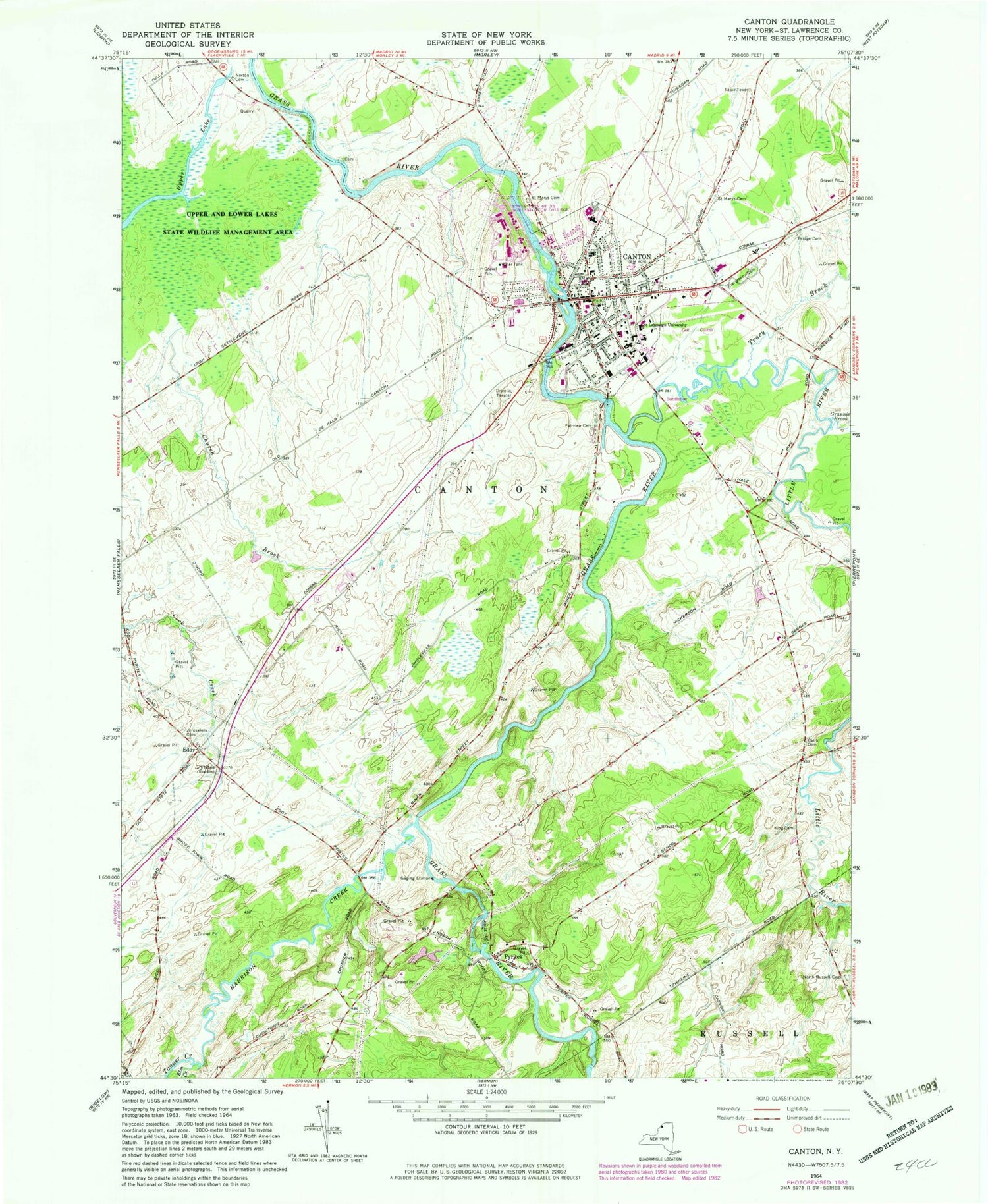 Classic USGS Canton New York 7.5'x7.5' Topo Map Image