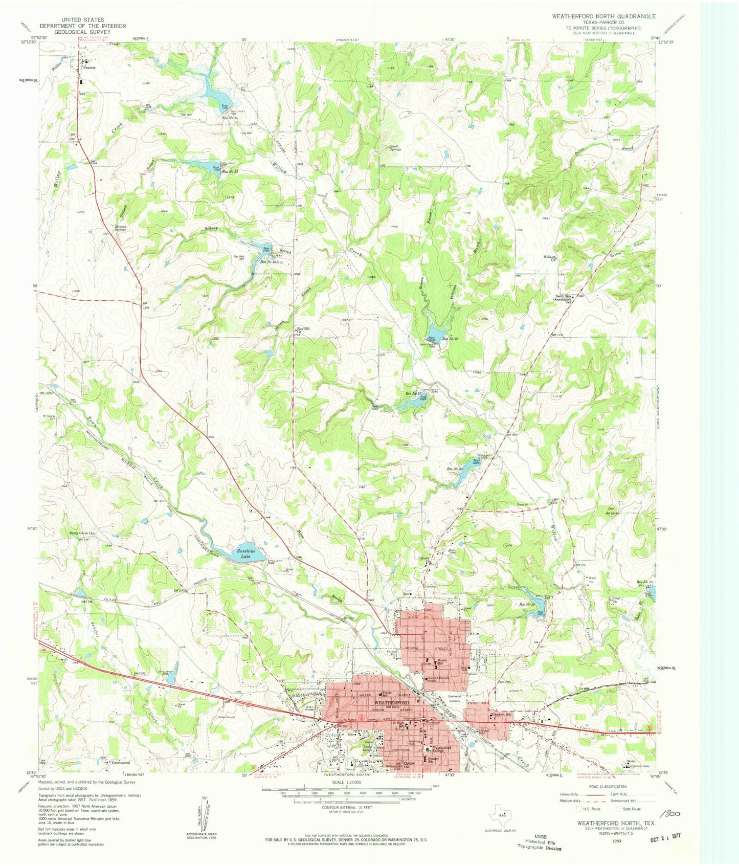 Classic USGS Weatherford North Texas 7.5'x7.5' Topo Map Image