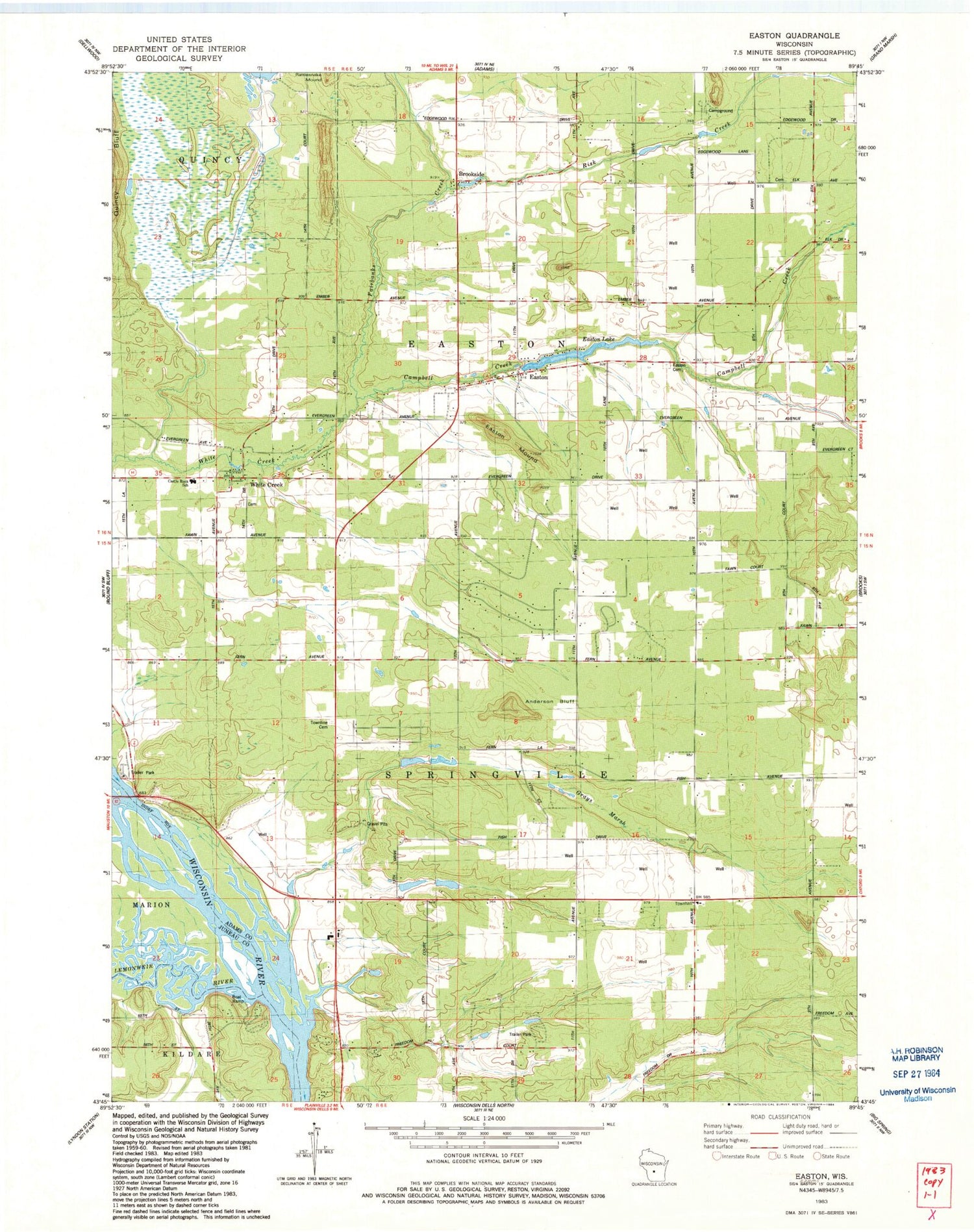 Classic USGS Easton Wisconsin 7.5'x7.5' Topo Map Image