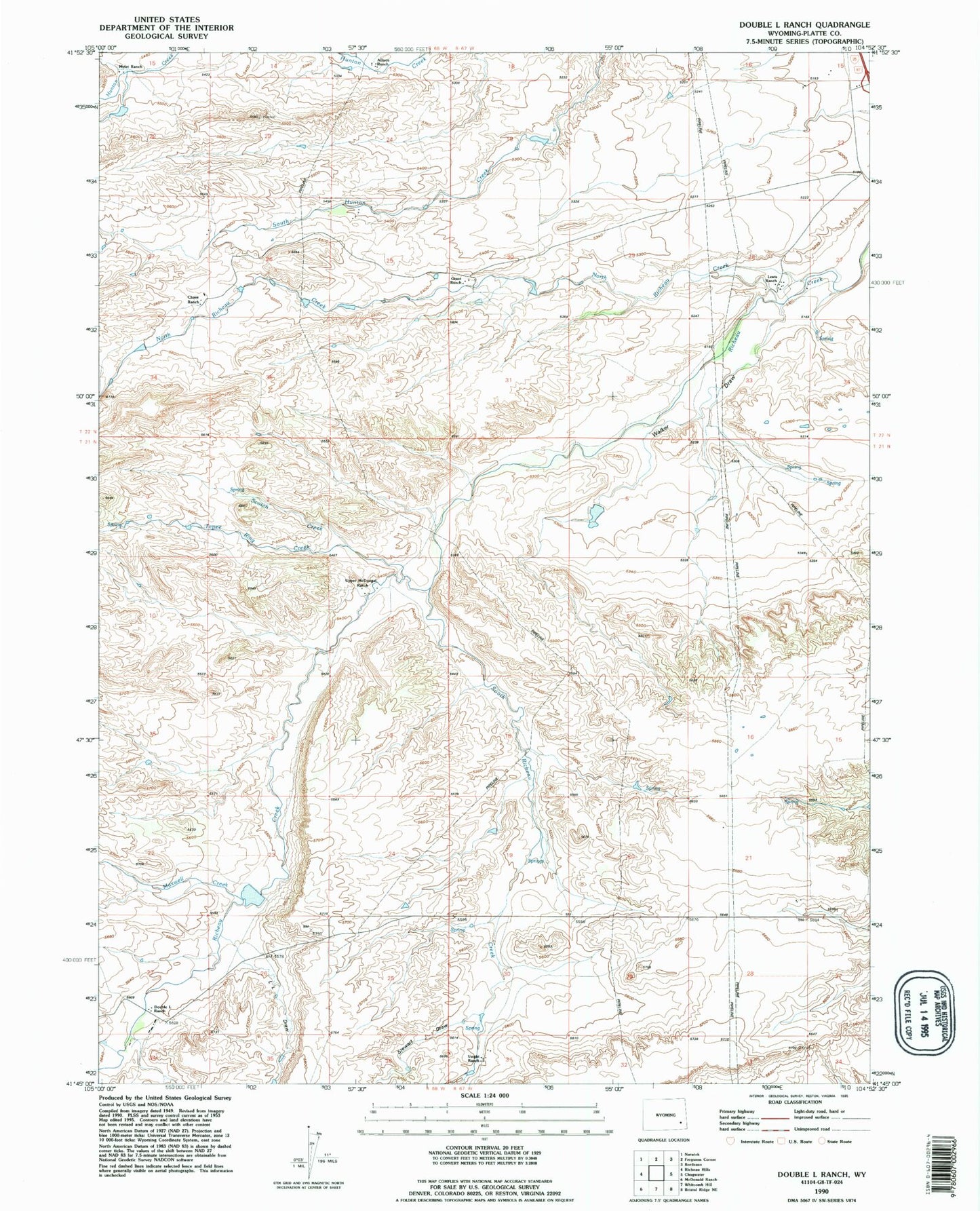 Classic USGS Double L Ranch Wyoming 7.5'x7.5' Topo Map Image
