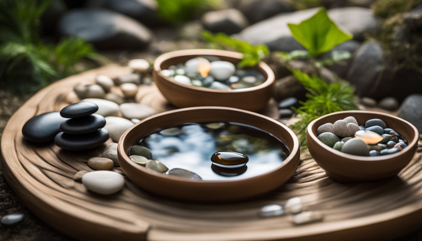 massage rocks in small wooden flat bowls filled with water