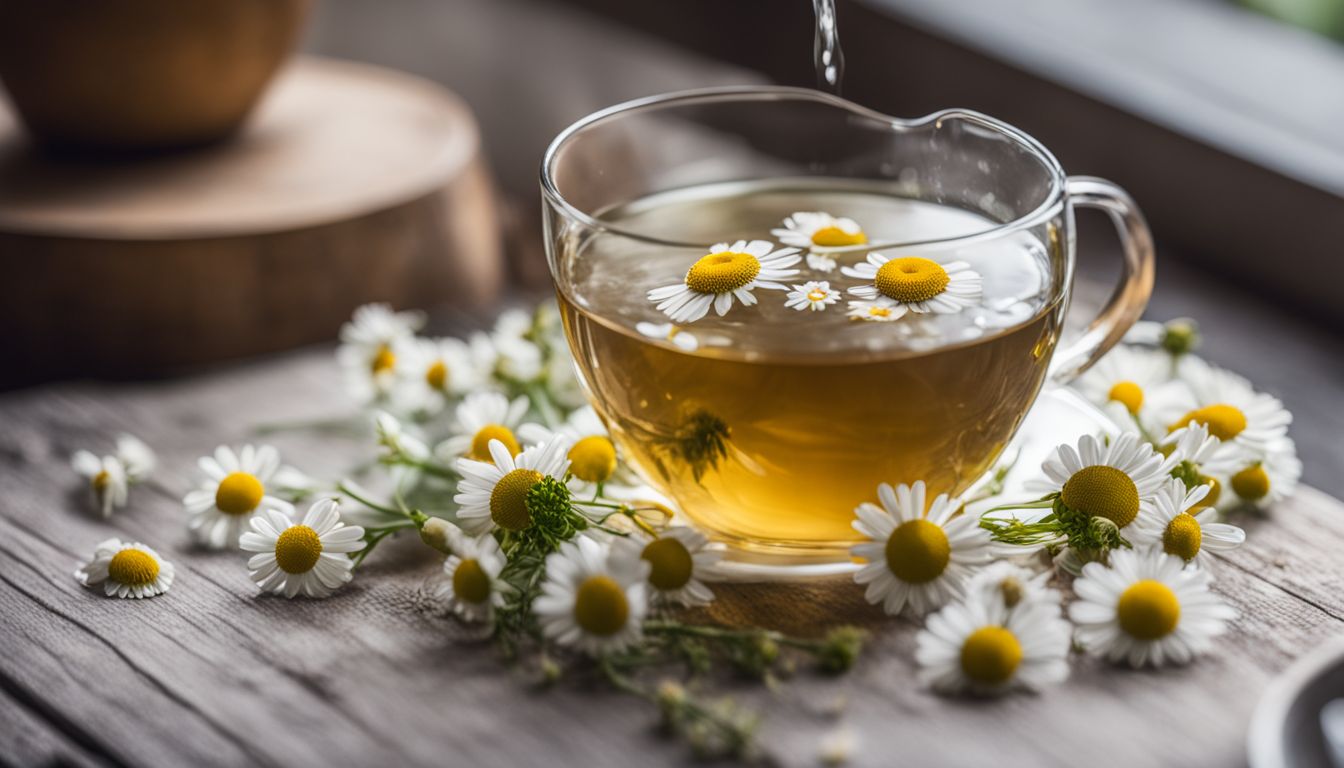 a clear mug oh chamomile tea with chamomile flowers floating on top and placed around the cup on the table