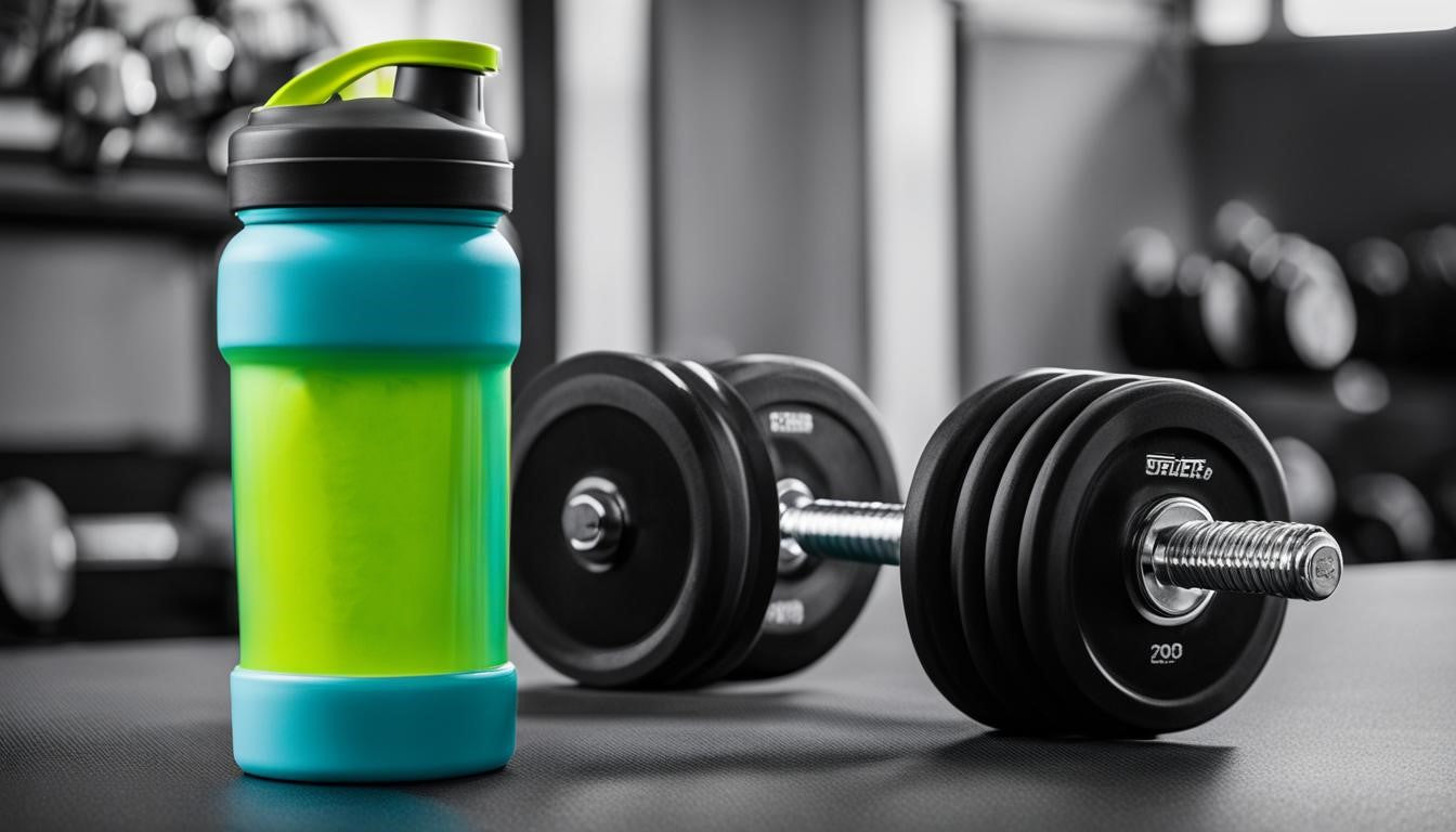 a dumbbell with a shaker next to it