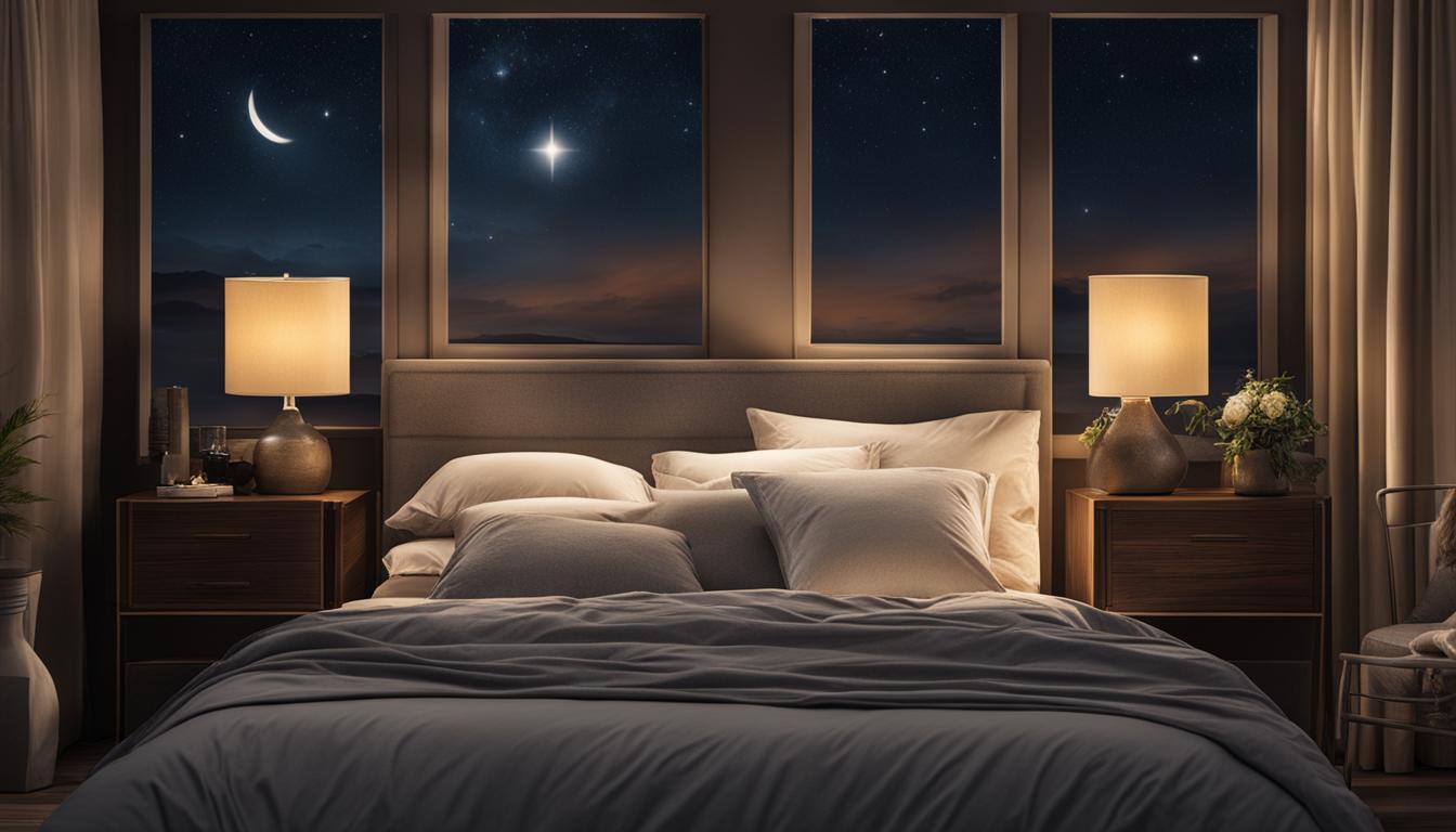 a large, comfy bed, with a full-wall window behind it, showing a serene night sky