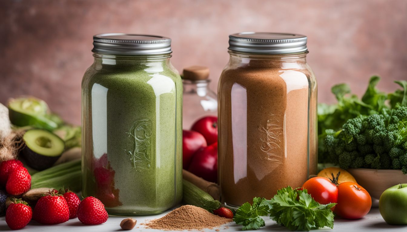 a mason jar of reds powder and a mason jar of greens powder