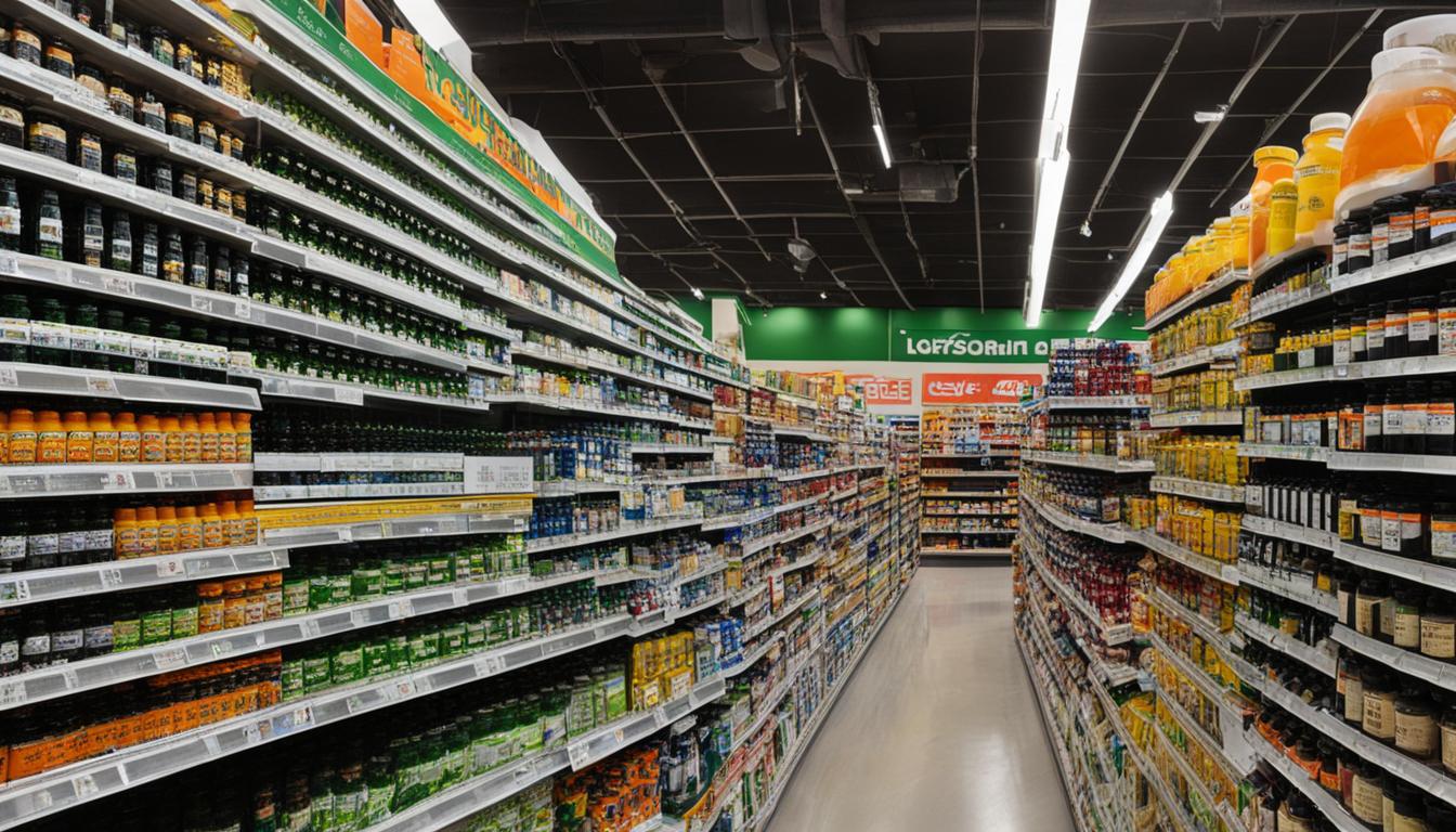 a store aisle full of multivitamin bottles