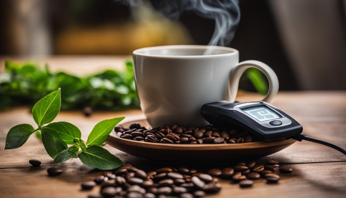 A cup of steaming coffee sits on a wooden table next to a blood glucose monitor.