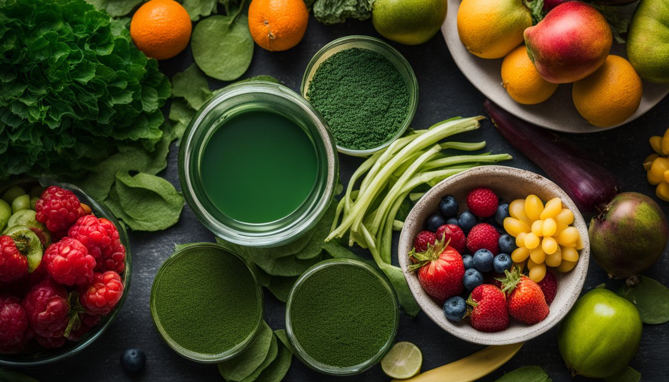 a variety of greens drinks surround by fruits