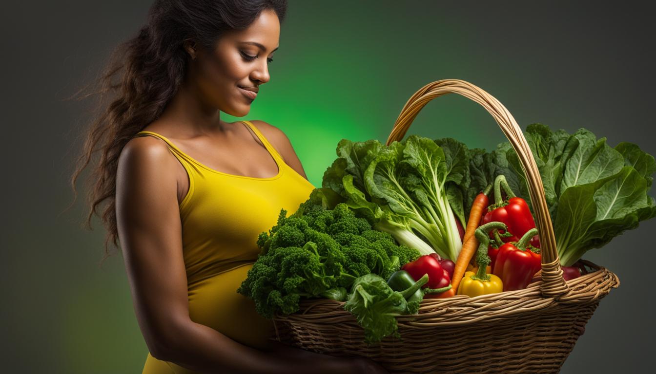 A pregnant woman holding a basket of brightly colored vegetables,