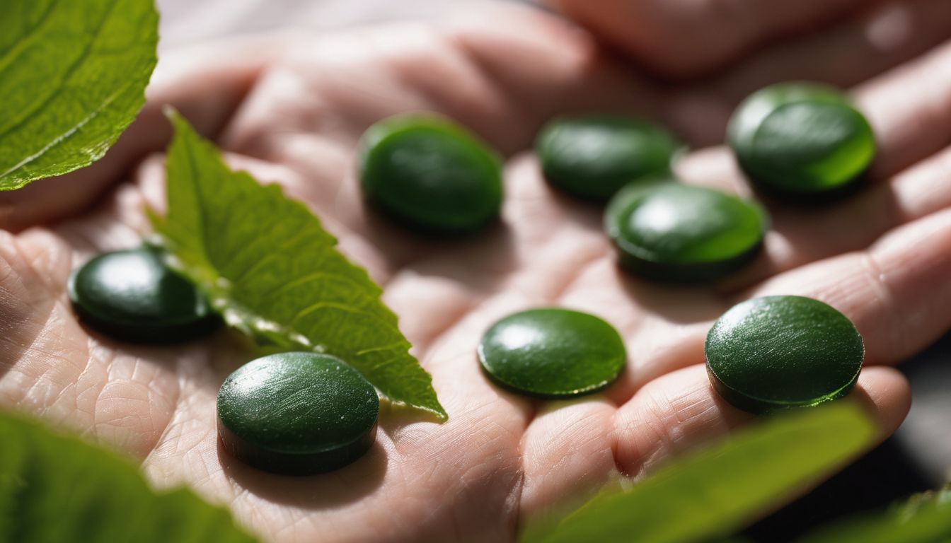 a close-up of a person's hand holding chlorella tablets