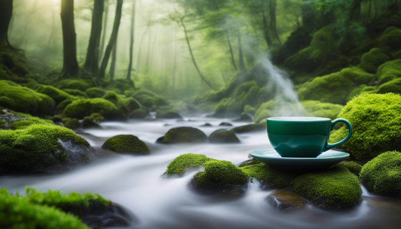 Cup of steaming tea at the edge of a canopied flowing river