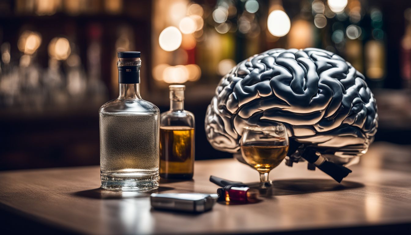 an abstract image of a metallic brain and bottle of liquor