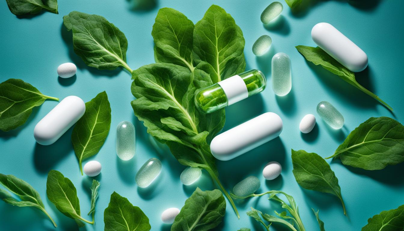 A calming teal blue background, with a cluster of green leafy vegetables and white and clear pills displayed