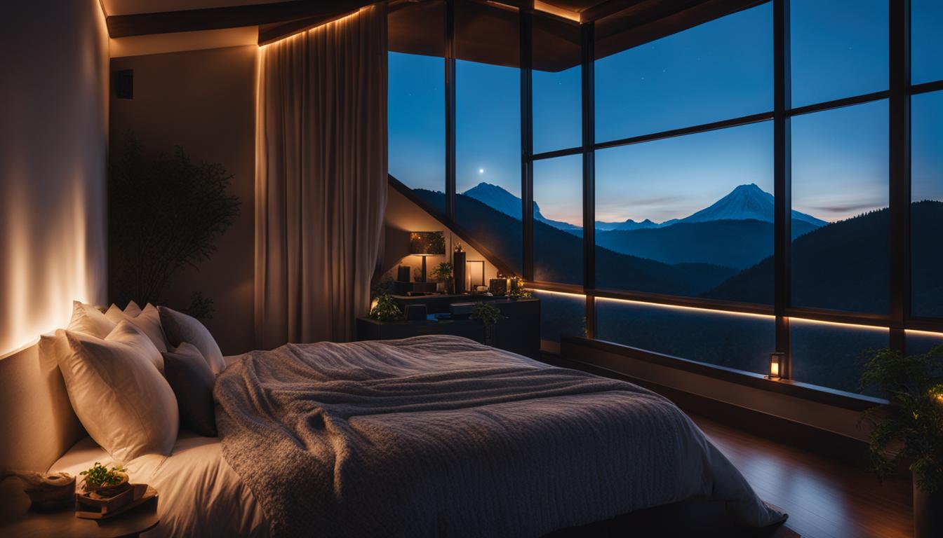 cozy bed surrounded by a soothing blue aura. The room is dimly lit with soft glowing lights, and the window has a view of a serene landscape.