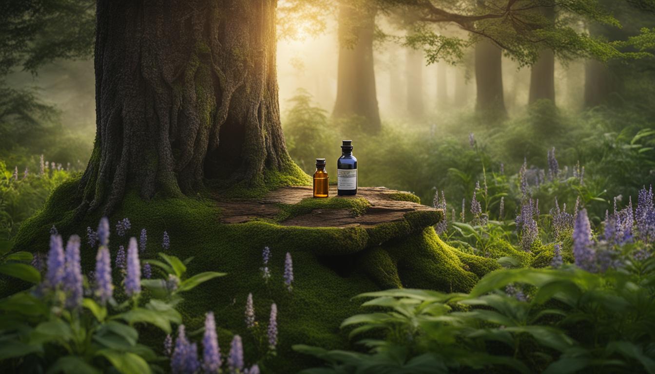A calm, serene forest scene with two bottles of natural supplements positioned on a tree stump.