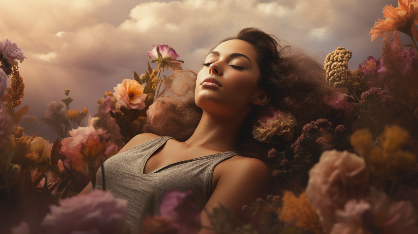 woman sleeping blissfully amongst flowers
